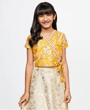 Global Desi Girl Half Sleeves Angarakha Styled Floral Printed Top - Mustard Yellow