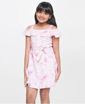 AND Girl Cold Shoulder Sleeveless Floral Printed Dress - Pink