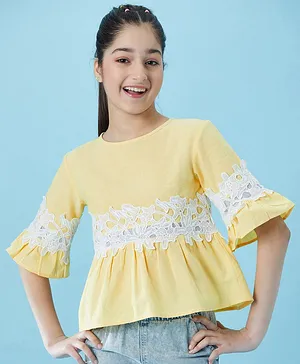 Pspeaches Half Frill Sleeves Floral Lace Placement Embroidered Peplum Top - Yellow