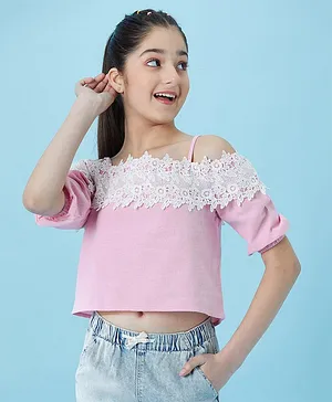 Pspeaches Cold Shoulder Sleeves Floral Lace Detail Top - Pink