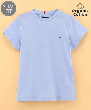 Tommy Hilfiger Organic Cotton Half Sleeves Text Printed Slim Fit T-Shirt  - Blue