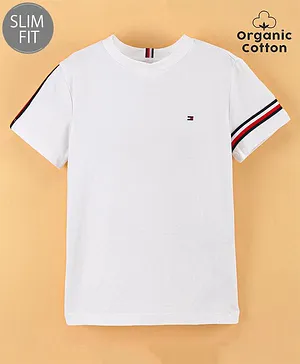 Tommy Hilfiger Organic Cotton Half Sleeves Slim Fit T-Shirt  Solid - White