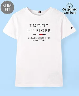 Tommy Hilfiger Organic Cotton Half Sleeves Text Printed Slim Fit T-Shirt  - White
