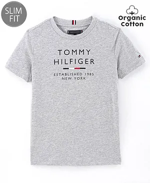 Tommy Hilfiger Organic Cotton Half Sleeves Slim Fit T-Shirt  Text Print - Grey
