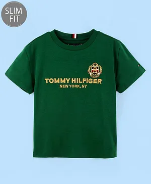 Tommy Hilfiger Cotton Half Sleeves Text Embroidery Slim Fit T-Shirt  - Green
