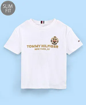 Tommy Hilfiger Cotton Half Sleeves Text Embroidery Slim Fit T-Shirt  - White