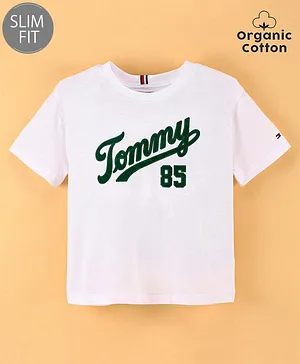 Tommy Hilfiger Organic Cotton Half Sleeves Slim Fit T-Shirt  Text Print- White