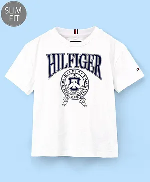 Tommy Hilfiger Cotton Half Sleeves Slim Fit T-Shirt  Text Print - White