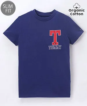 Tommy Hilfiger Organic Cotton Half Sleeves Print Slim Fit T-Shirt  Text Print- Blue