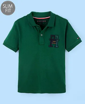 Tommy Hilfiger Cotton Half Sleeves Text Embroidery Slim Fit T-Shirt  - Green