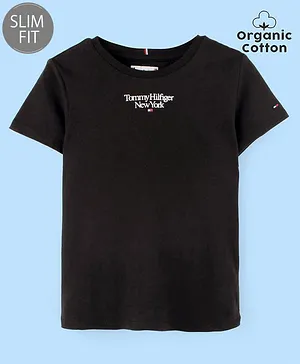 Tommy Hilfiger Organic Cotton Half Sleeves Text Printed Slim Fit T-Shirt  - Black
