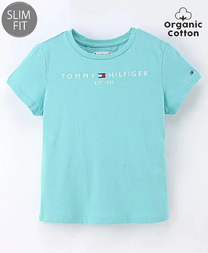 Tommy Hilfiger Organic Cotton Half Sleeves Logo Print Slim Fit T-Shirt  - Blue