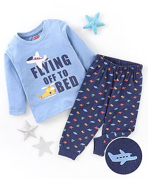 Babyhug Cotton Knit Full Sleeves Night Suit Plane Print - Blue