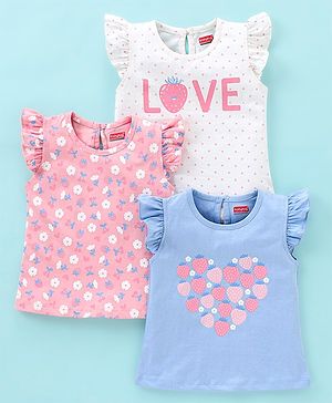 Babyhug 100% Cotton Frill Sleeves Tee With Floral & Strawberry Graphics Pack of 3- Blue & Pink