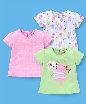 Babyhug 100% Cotton Half Sleeves Tee Ice Cream Print Pack Of 3 - White Green & Pink