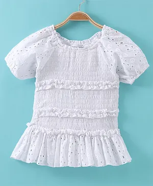 Kookie Kids Half Sleeves Top with Smocking & Schifilli Detailing - White
