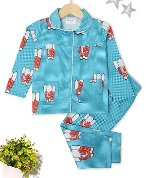 MANET Full Sleeves Elephant Printed & Mini Checked Night Suit - Blue