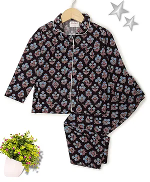 MANET Full Sleeves Floral Printed Night Suit - Black