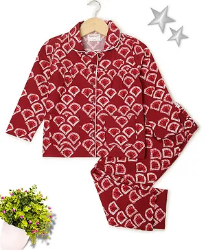 MANET Full Sleeves Seamless Jaipuri Petal Motif Printed Coordinating Night Suit - Maroon