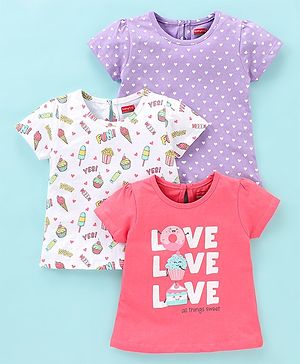 Babyhug 100% Cotton Half Sleeves Tee With Ice Cream & Hearts Graphics Pack of 3- Pink & Purple