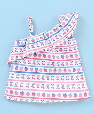 Babyhug Cotton Knit Sleeveless Asymmetrical Top with Frill Detailing & Cherry Print - White