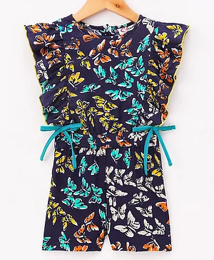M'andy Frilled Sleeves Butterfly Printed Jumpsuit - Navy Blue