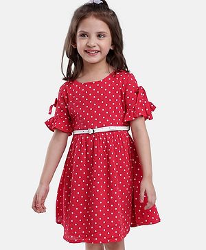 Babyhug Rayon Half Sleeves Frock Polka Dot Print - Red