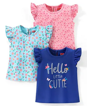 Babyhug 100% Cotton Frill Sleeves Tee With Floral & Text Graphics Pack of 3- Blue & Pink