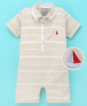 Little Kangaroos Half Sleeves Striped Romper - Fawn