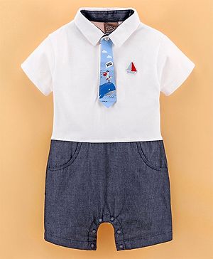 Little Kangaroos  Half Sleeves Party Rompers with Tie Whale Print - White