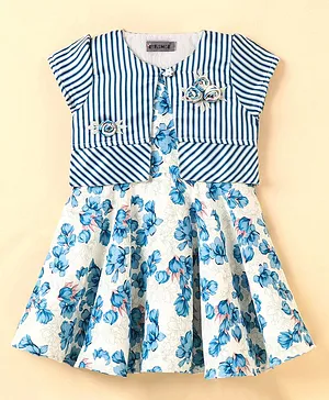 Enfance Short Sleeves Striped Floral Printed Dress With Jacket - Blue