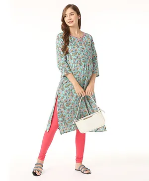 Bella Mama Woven Three Fourth Sleeves Maternity Kurta With Floral Print & Embroidery- Green
