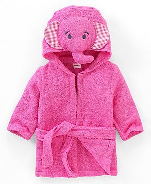 Babyhug Knit Terry Full Sleeves Hooded Bath Robe Elephant Patch - Pink