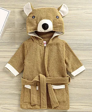Babyhug Full Sleeves Hooded Bear Bath Robe With 3D Ears - Brown