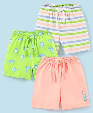 Babyhug Cotton Mid Thigh Length Shorts Stripes & Dolphin Print Pack of 3 - Green Peach & White