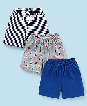 Babyhug Cotton Mid Thigh Length Shorts Striped & Stars Printed Pack of 3 - Grey & Blue