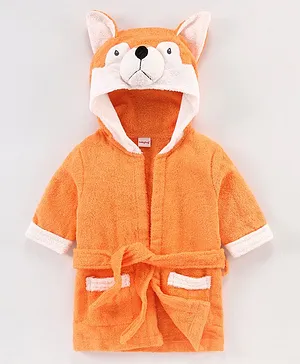 Babyhug Terry Full Sleeves Fox Embroidered Hooded Bath Robe - Orange