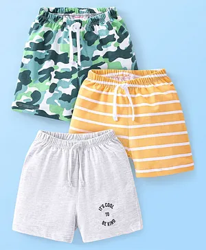 Babyhug Cotton Mid Thigh Length Shorts Stripes & Camo Print Pack of 3- White Orange & Green