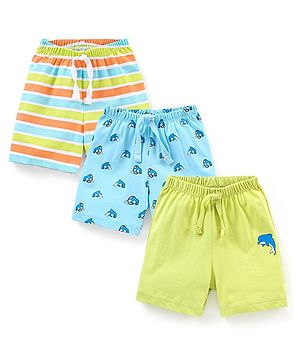 Babyhug Cotton Mid Thigh Length Shorts Stripes & Dolphin Print Pack of 3- Green & Blue