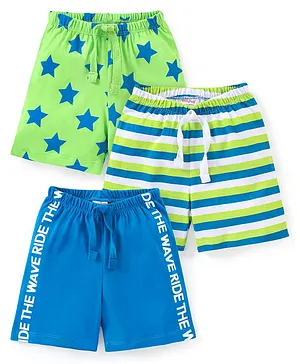 Babyhug Cotton Mid Thigh Length Shorts Stars & Stripes Print Pack of 3- Green & Blue