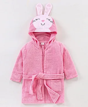 Babyhug Knit Terry Full Sleeves Hooded Bath Robe Bunny Embroidered - Pink