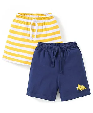 Babyhug Cotton Knit Above Knee Shorts Striped & Dino Print Pack of 2 - Navy & Yellow