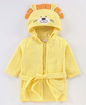 Babyhug Knit Terry Full Sleeves Hooded Bath Robe Lion Embroidered - Yellow