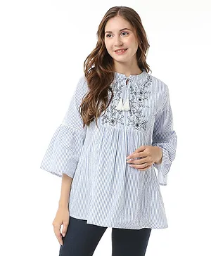 Bella Mama Maternity Cotton Stripe Embroidered Yoke Maternity Top - Blue