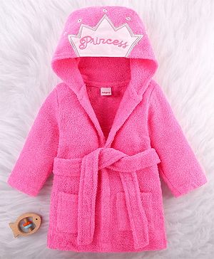 Babyhug Woven Terry Full Sleeves Hooded Bath Robe Princess Patch - Pink