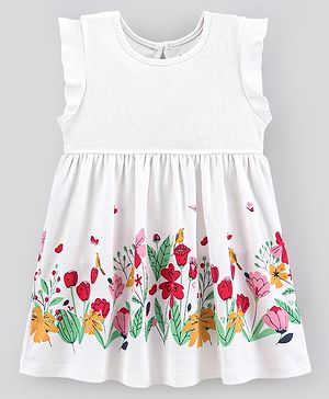 Bonfino 100% Cotton Interlock Frill Sleeves Floral Print Frock - OffWhite