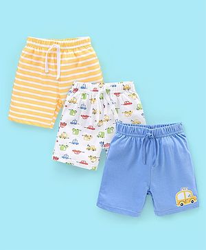 Babyhug Cotton Shorts Striped & Taxi Printed Pack of 3 - Yellow White & Blue
