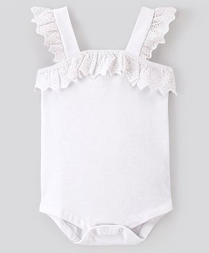 Bonfino 100% Cotton Interlock Sleeveless Solid Onesie with Schiffili Lace Design - Ivory