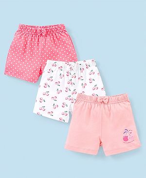 Babyhug Cotton Mid Thigh Length Shorts Polka Dots & Cherry Printed Pack of 3 - Pink White & Peach
