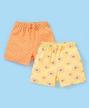 Babyhug Cotton Knit Mid Thigh Shorts Polka Dots & Floral Print Pack Of 2 - Yellow & Orange
